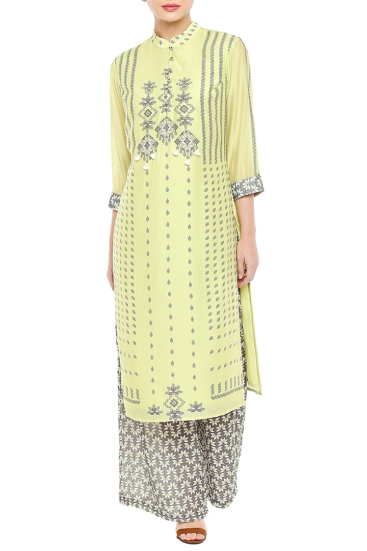 Lime Green Printed Kurta With Grey Palazzo Pants by Soup by Sougat Paul