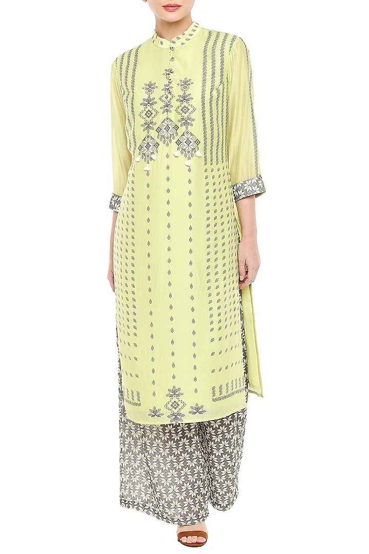 Lime Green Printed Kurta With Grey Palazzo Pants by Soup by Sougat Paul at Pernia's Pop Up Shop