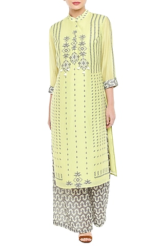 Lime Green Printed Kurta With Grey Palazzo Pants by Soup by Sougat Paul