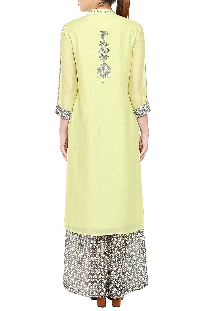 Lime Green Printed Kurta With Grey Palazzo Pants by Soup by Sougat Paul at Pernia's Pop Up Shop