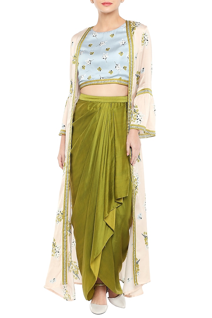 Blue Printed Crop Top With Olive Green Drape Skirt & Baby Pink Long Jacket by Soup by Sougat Paul