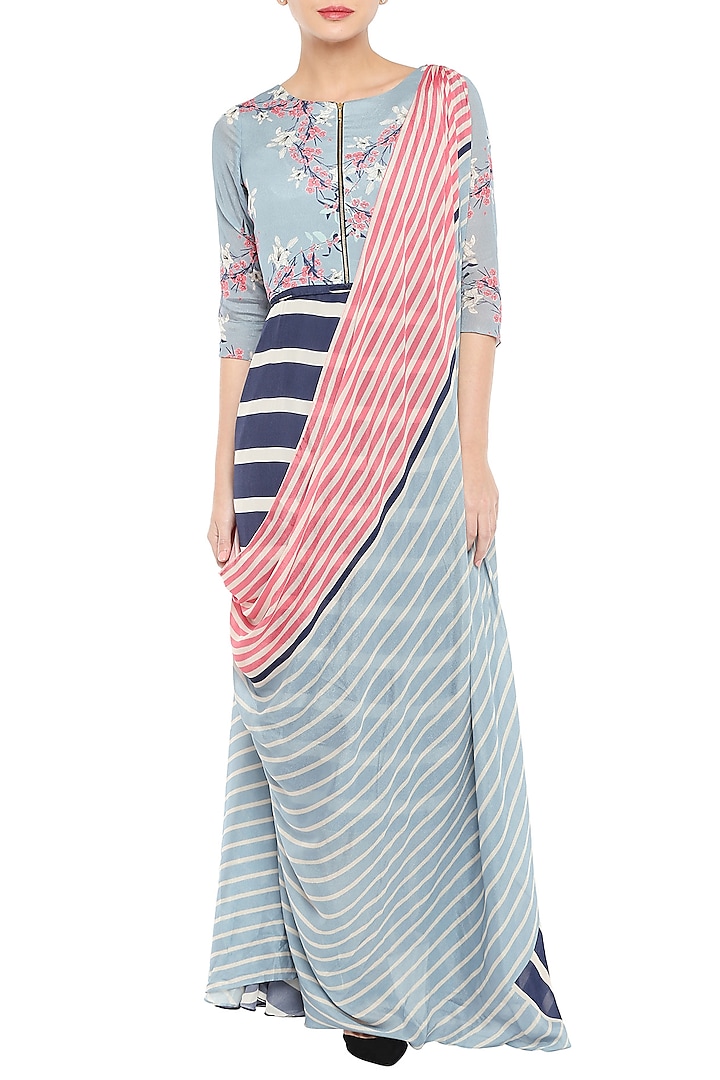 Multi Colored Crepe Floral Printed Gown Saree by Soup by Sougat Paul at Pernia's Pop Up Shop