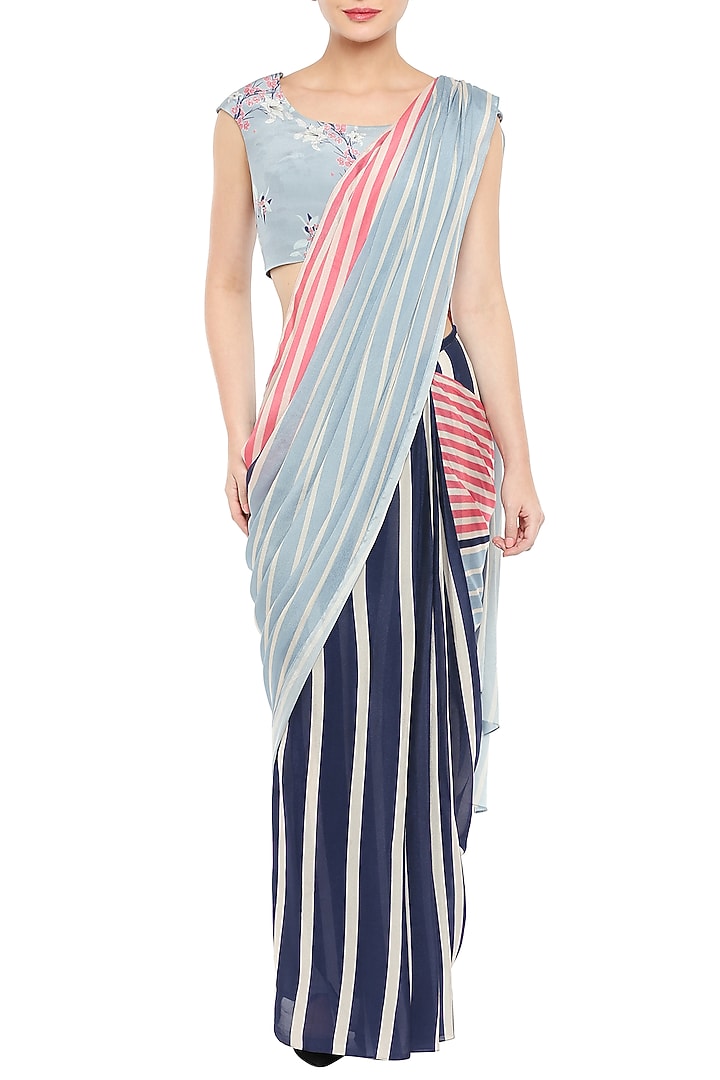 Multi-Colored Crepe Stripes Printed Party Wear Saree Set by Soup by Sougat Paul at Pernia's Pop Up Shop