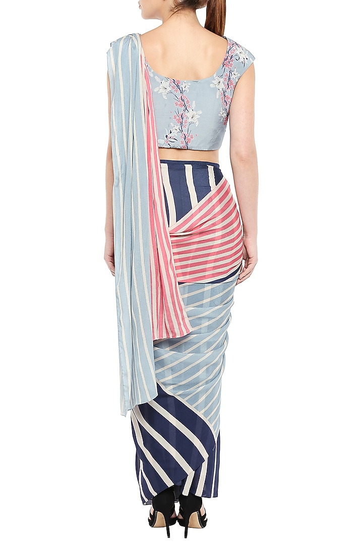 Multi-Colored Crepe Stripes Printed Party Wear Saree Set by Soup by Sougat Paul at Pernia's Pop Up Shop