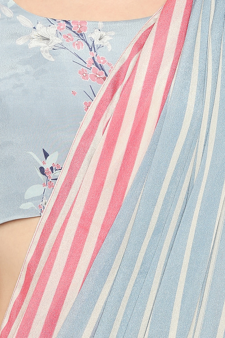 Multi-Colored Crepe Stripes Printed Party Wear Saree Set by Soup by Sougat Paul at Pernia's Pop Up Shop