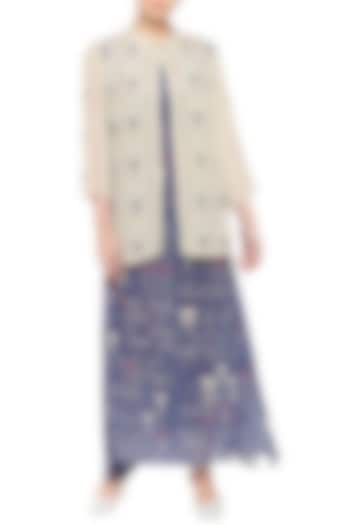 Purple Printed Summer Dress With Beige Jacket by Soup by Sougat Paul at Pernia's Pop Up Shop