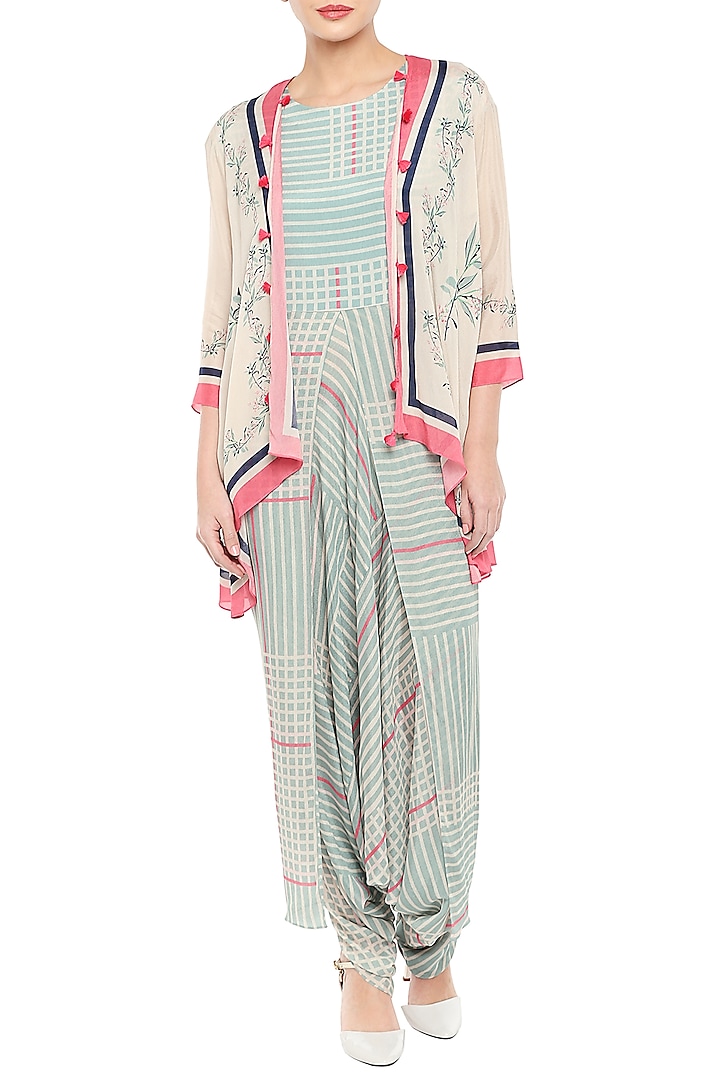 Pink & Blue Printed Jumpsuit With Asymmetrical Jacket by Soup by Sougat Paul