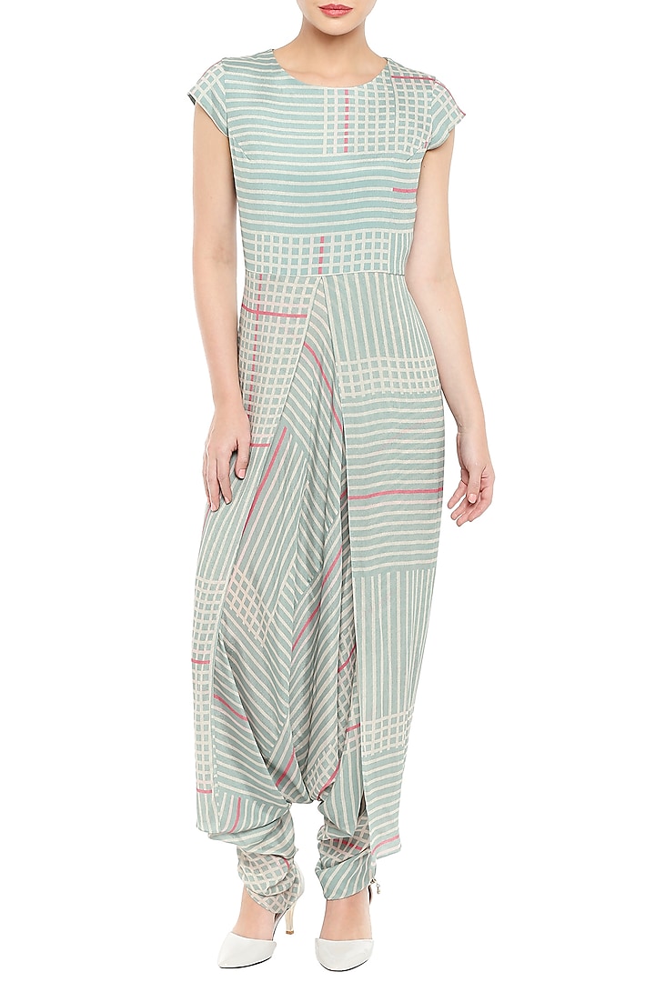 Pink & Blue Printed Jumpsuit With Asymmetrical Jacket by Soup by Sougat Paul at Pernia's Pop Up Shop