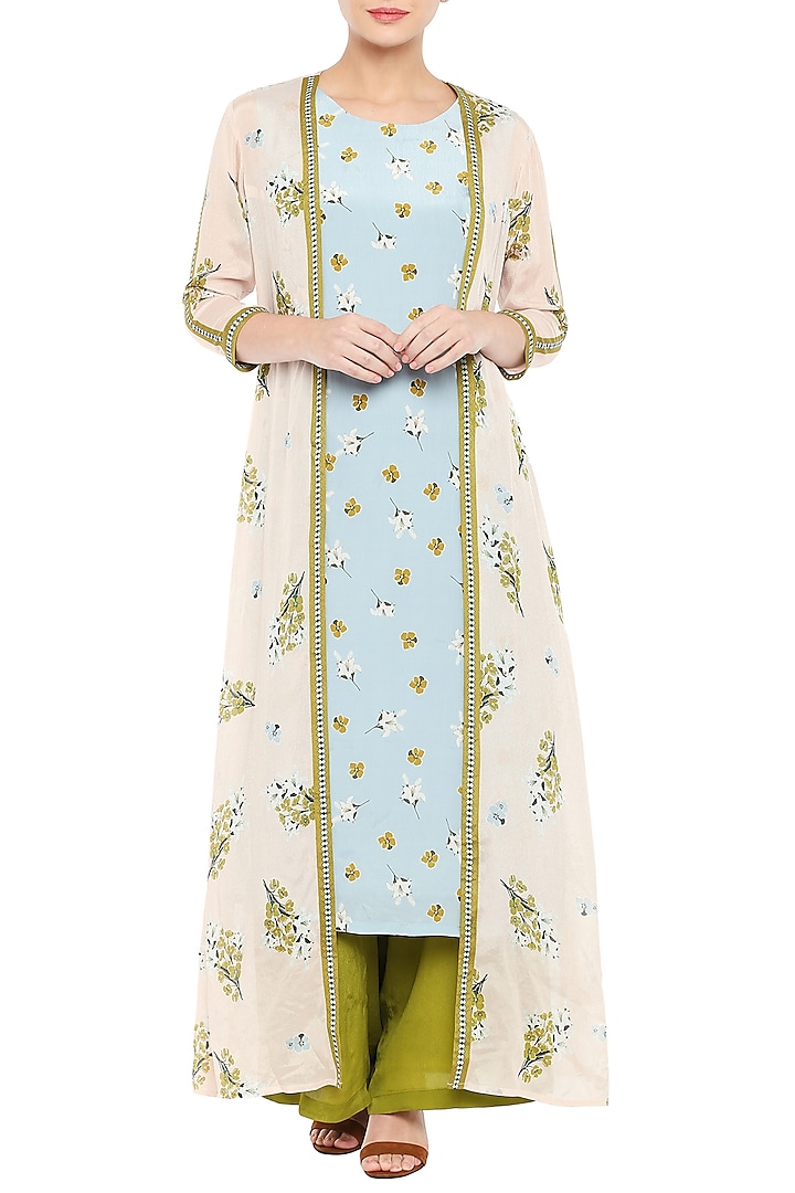 Blue Printed Kurta With Olive Green Pants & Baby Pink Jacket by Soup by Sougat Paul