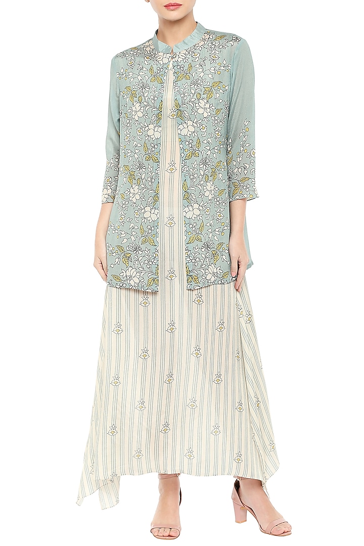 Beige & Blue Printed Dress With Jacket by Soup by Sougat Paul