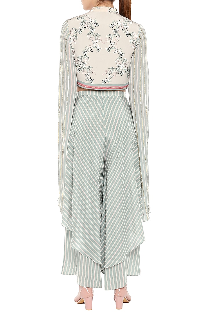 Beige & Blue Printed Short Jacket With Double Layered Pants by Soup by Sougat Paul at Pernia's Pop Up Shop