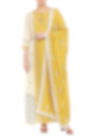 Mustard Yellow & Beige Embroidered Printed Kurta With Dupatta by Soup by Sougat Paul