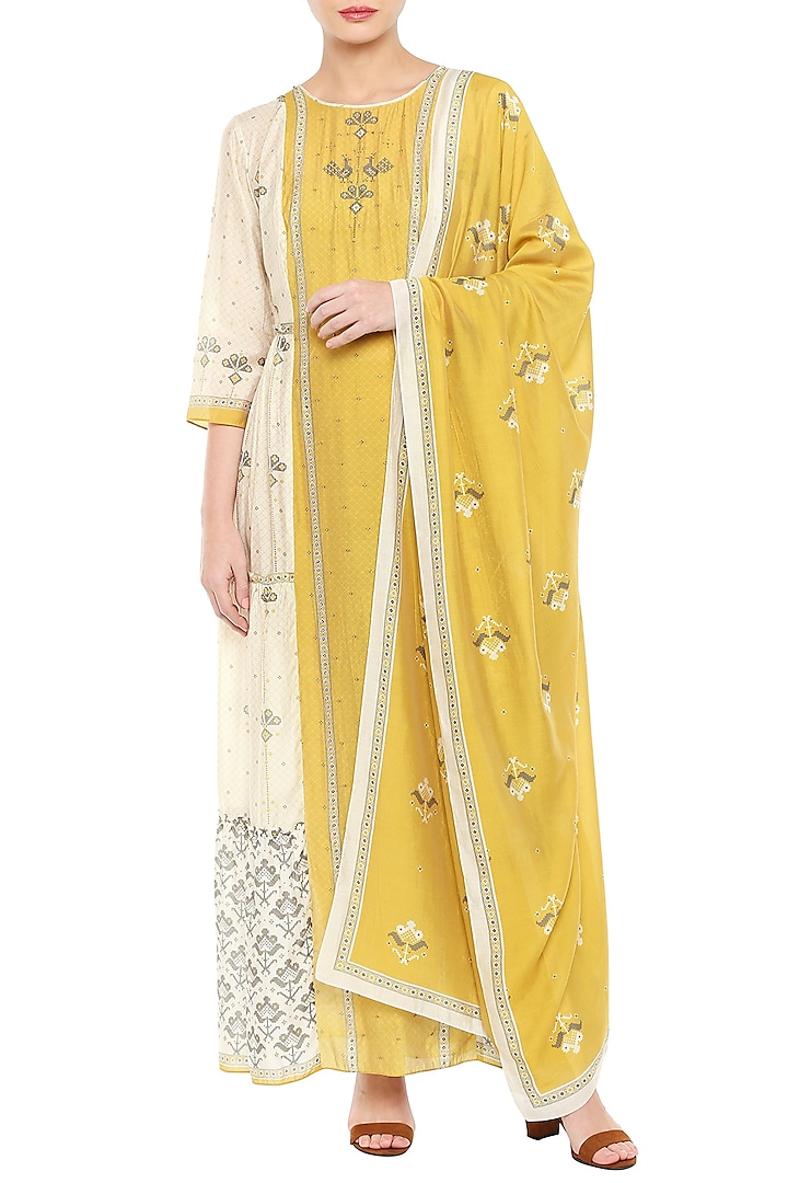 Mustard Yellow & Beige Embroidered Printed Kurta With Dupatta by Soup by Sougat Paul