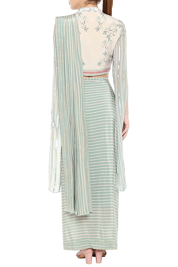Blue & Beige Embroidered Printed Short Jacket With Drape Party Wear Saree by Soup by Sougat Paul at Pernia's Pop Up Shop