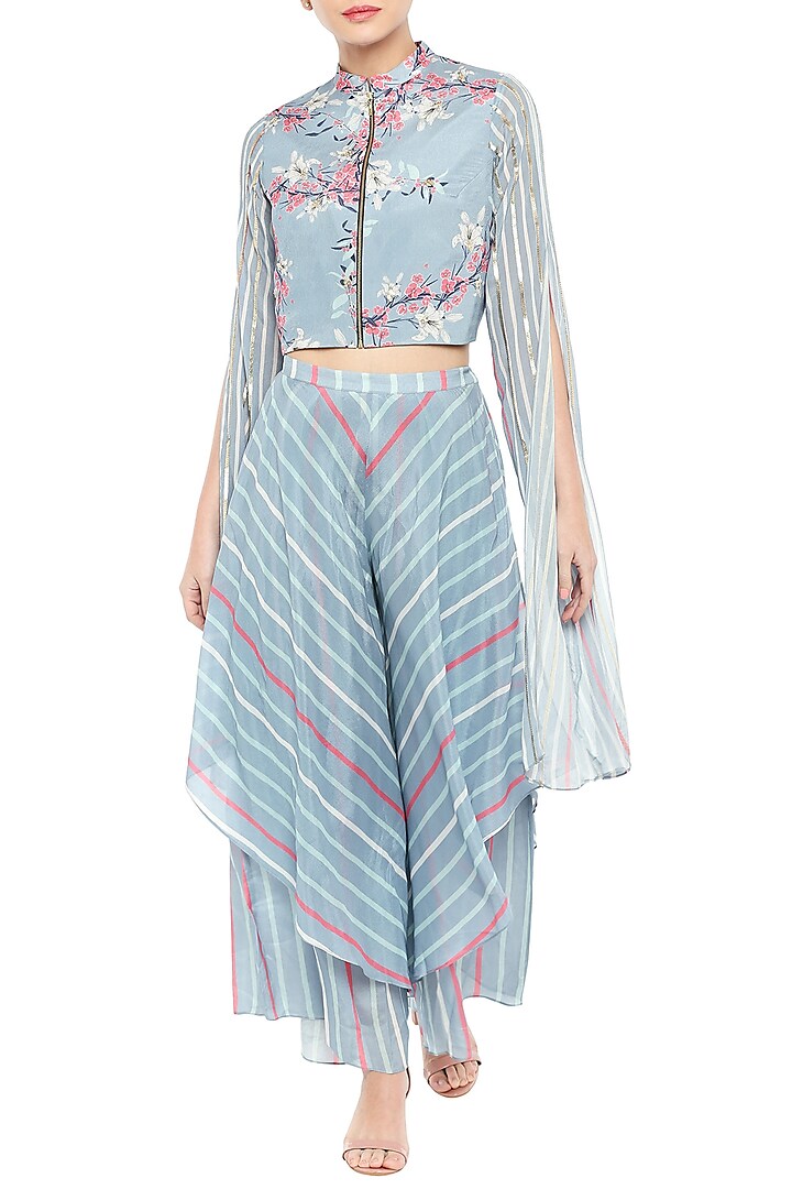 Sky Blue & Pink Embroidered Printed Short Jacket With Layered Pants by Soup by Sougat Paul