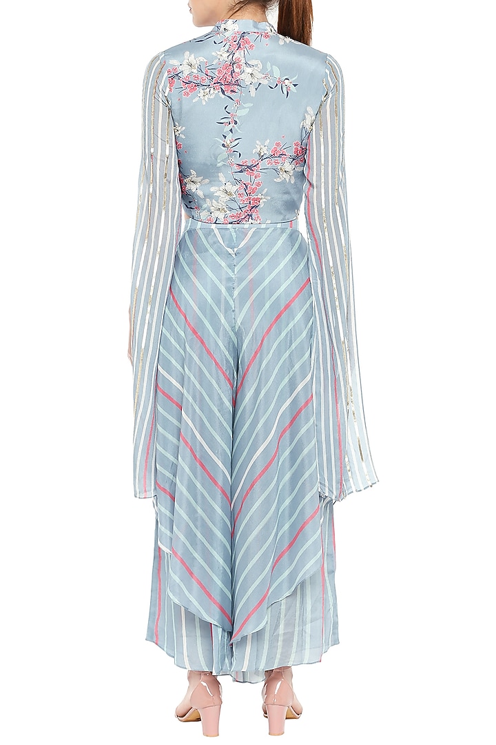 Sky Blue & Pink Embroidered Printed Short Jacket With Layered Pants by Soup by Sougat Paul at Pernia's Pop Up Shop