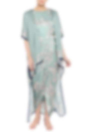 Blue & Pink Printed Drape Dress With Long Cape by Soup by Sougat Paul