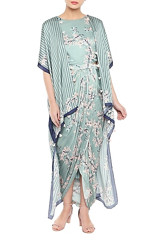 Blue & Pink Printed Drape Dress With Long Cape by Soup by Sougat Paul