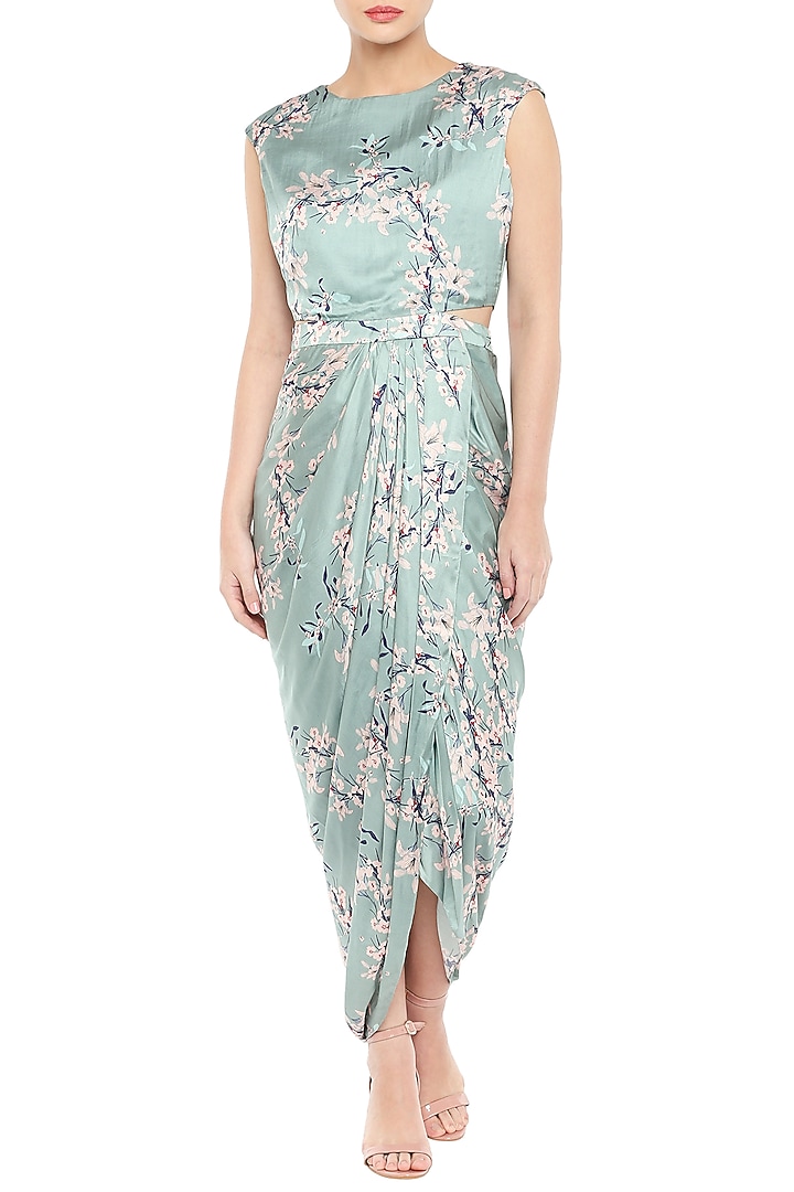 Blue & Pink Printed Drape Vacation Dress With Long Cape by Soup by Sougat Paul at Pernia's Pop Up Shop