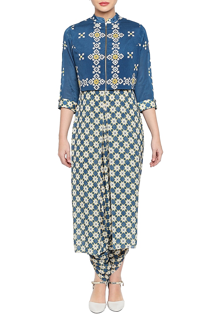 Blue & Beige Embroidered Printed Jacket With Jumpsuit by Soup by Sougat Paul