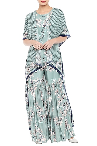 Blue & Pink Printed Cape Jacket With Jumpsuit by Soup by Sougat Paul