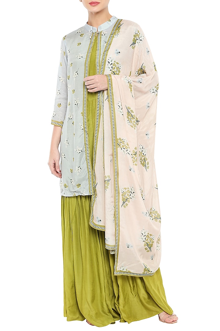 Olive Green Sharara Jumpsuit With Blue Printed Jacket & Baby Pink Dupatta by Soup by Sougat Paul