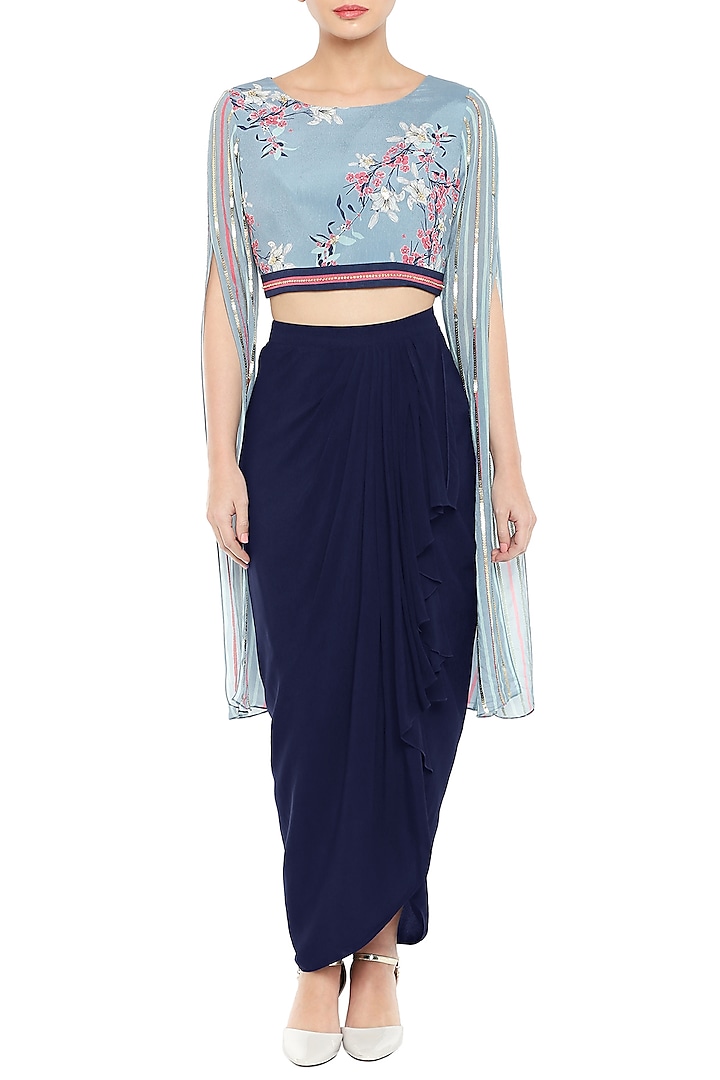 Sky Blue & Pink Embroidered Printed Crop Top With Skirt by Soup by Sougat Paul