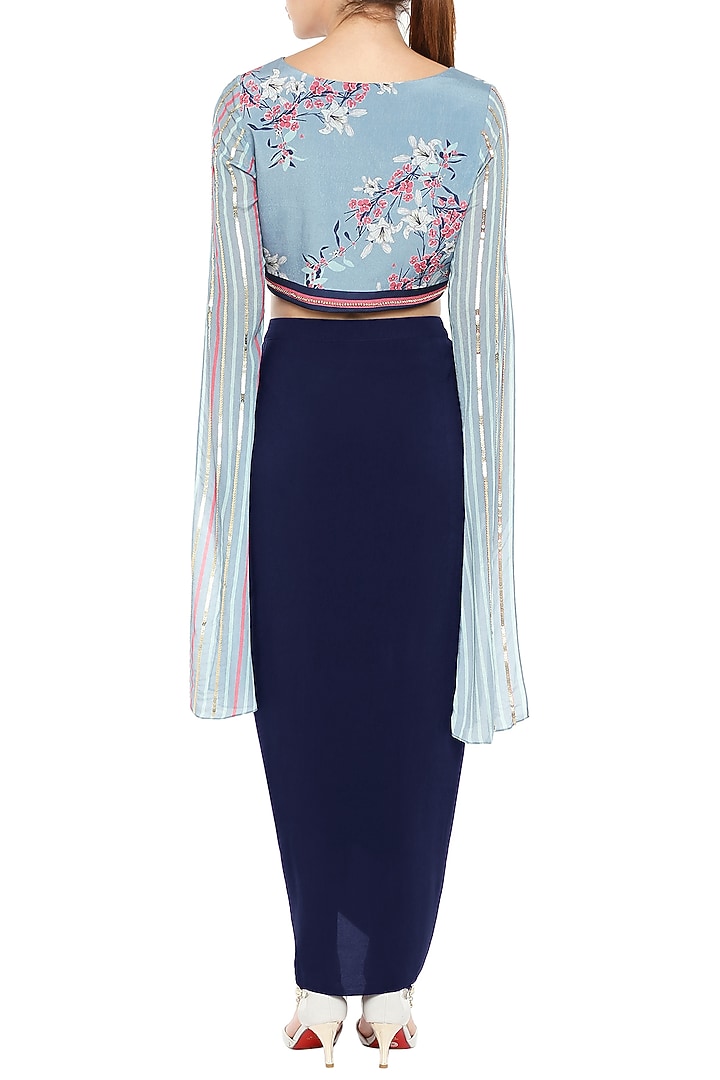 Sky Blue & Pink Embroidered Printed Crop Top With Skirt by Soup by Sougat Paul at Pernia's Pop Up Shop