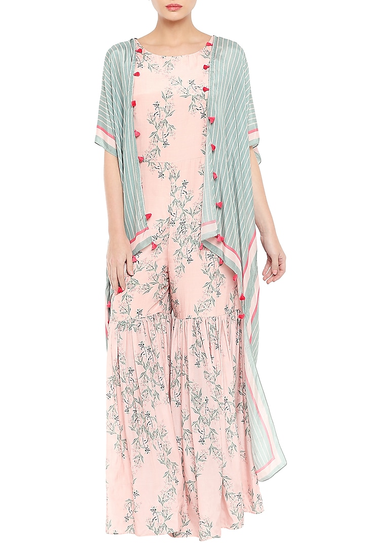 Blue Printed Cape Jumpsuit With Baby Pink Sharara Jumpsuit by Soup by Sougat Paul