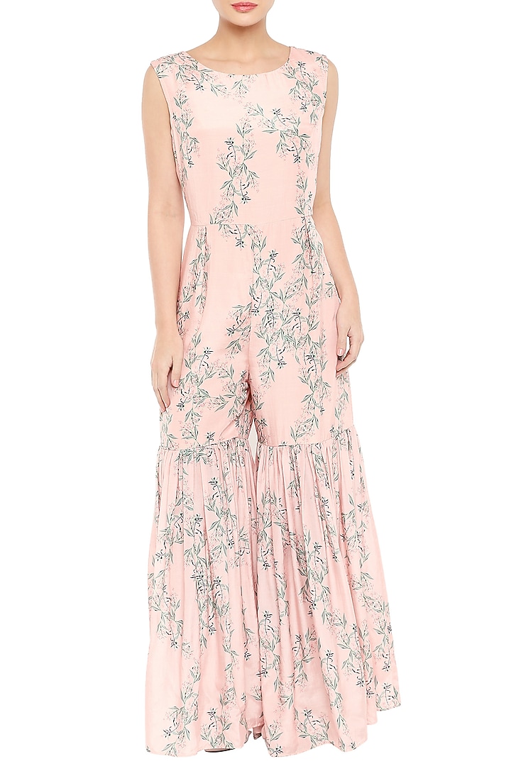 Blue Printed Cape Jumpsuit With Baby Pink Sharara Jumpsuit by Soup by Sougat Paul at Pernia's Pop Up Shop