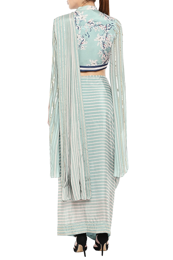 Blue & Pink Embroidered Printed Short Jacket With Drape Party Wear Saree by Soup by Sougat Paul at Pernia's Pop Up Shop