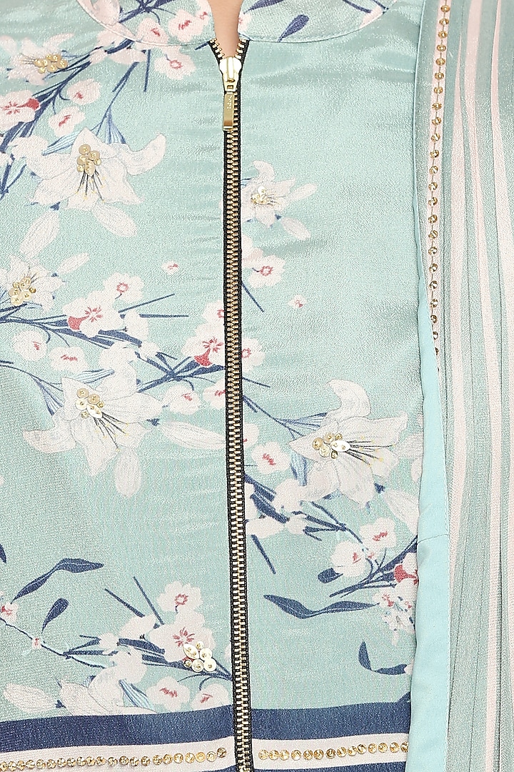 Blue & Pink Embroidered Printed Short Jacket With Drape Party Wear Saree by Soup by Sougat Paul at Pernia's Pop Up Shop