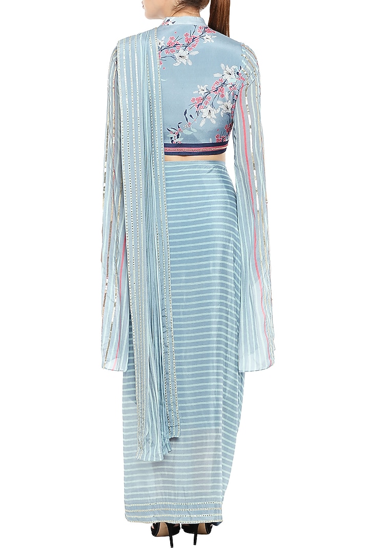 Sky Blue & Pink Embroidered Printed Short Jacket With Drape Party Wear Saree by Soup by Sougat Paul at Pernia's Pop Up Shop