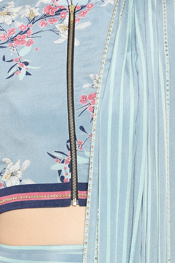 Sky Blue & Pink Embroidered Printed Short Jacket With Drape Party Wear Saree by Soup by Sougat Paul at Pernia's Pop Up Shop