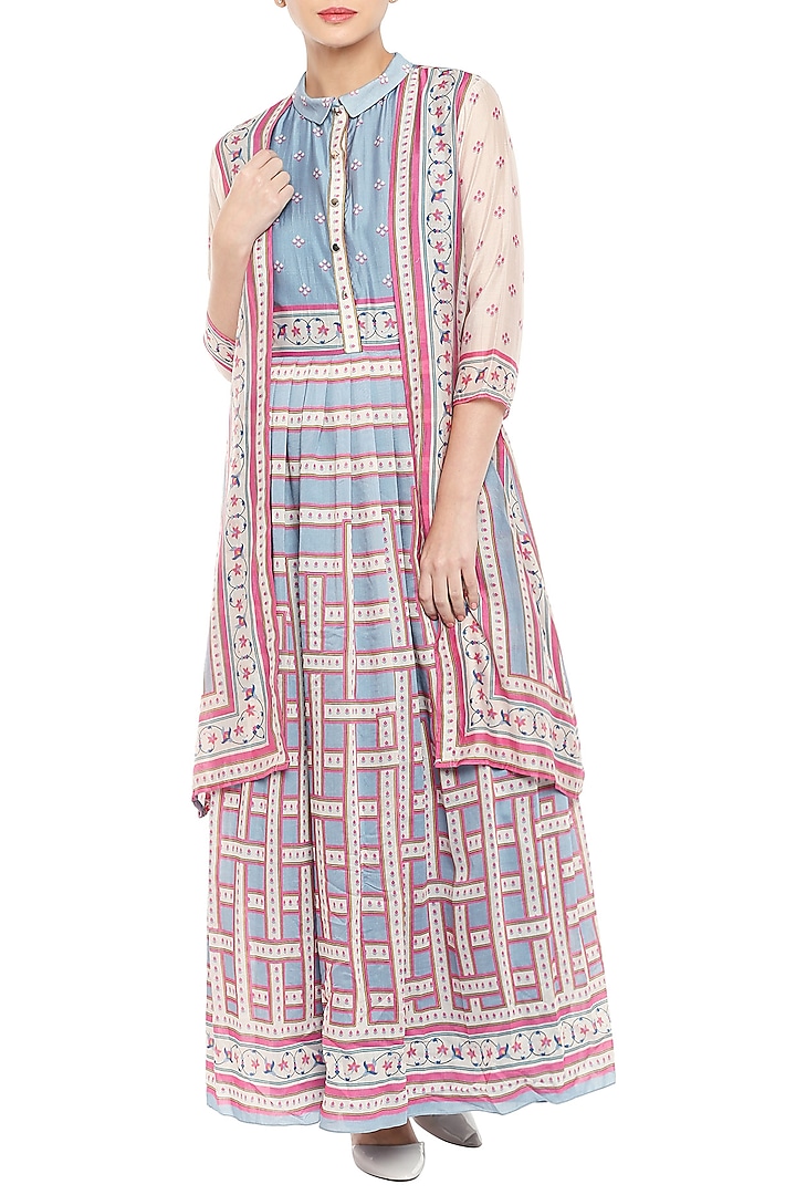 Pink & Blue Printed Maxi Dress With Long Jacket by Soup by Sougat Paul