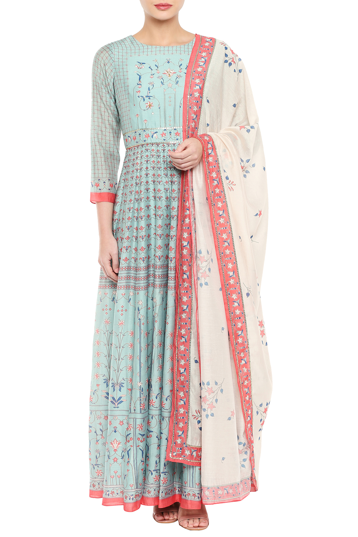 Blue Printed Long Party Wear Anarkali With Beige Dupatta by Soup by Sougat Paul at Pernia's Pop Up Shop