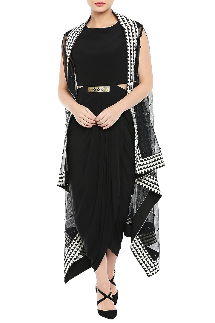 Black Drape Dress With White Embroidered Cape Jacket & Belt by Soup by Sougat Paul