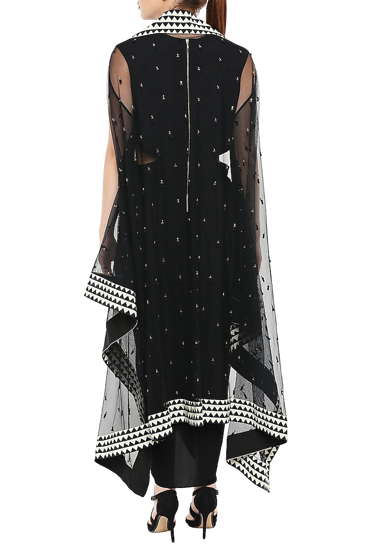 Black Drape Vacation Dress With White Embroidered Cape Jacket & Belt by Soup by Sougat Paul at Pernia's Pop Up Shop