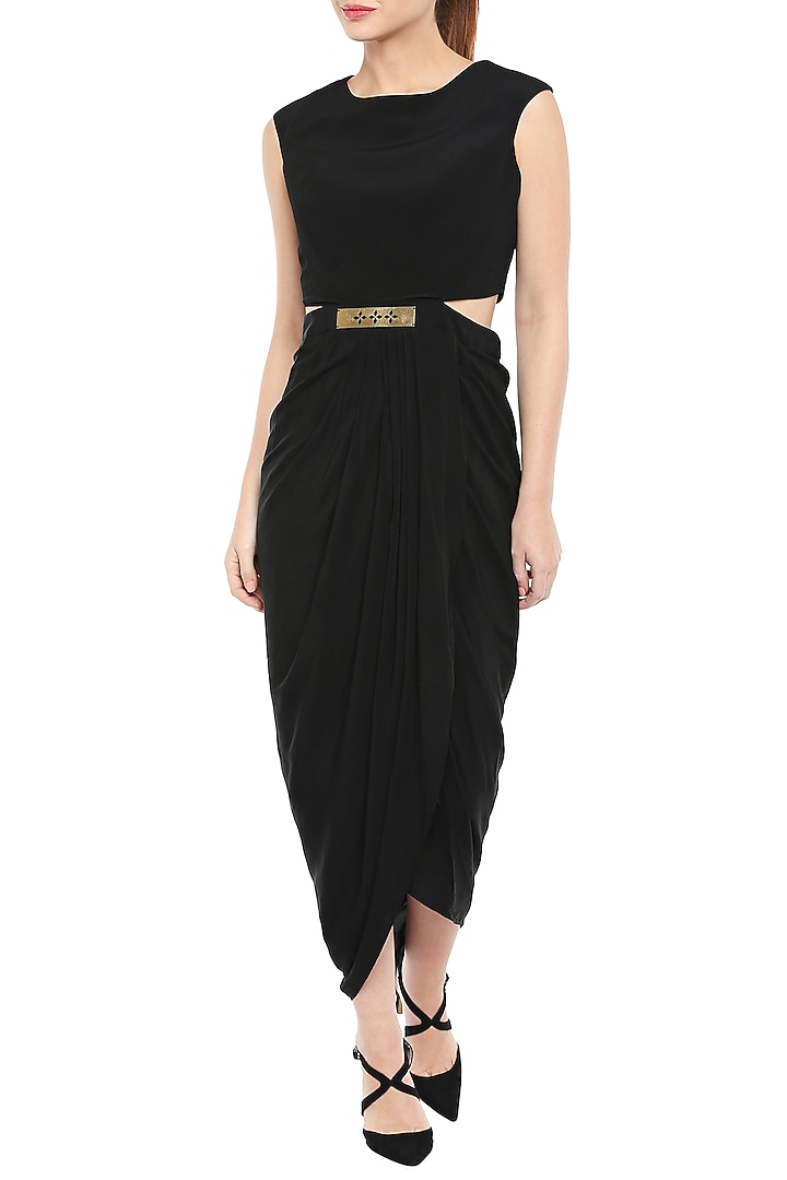 Black Drape Vacation Dress With White Embroidered Cape Jacket & Belt by Soup by Sougat Paul at Pernia's Pop Up Shop