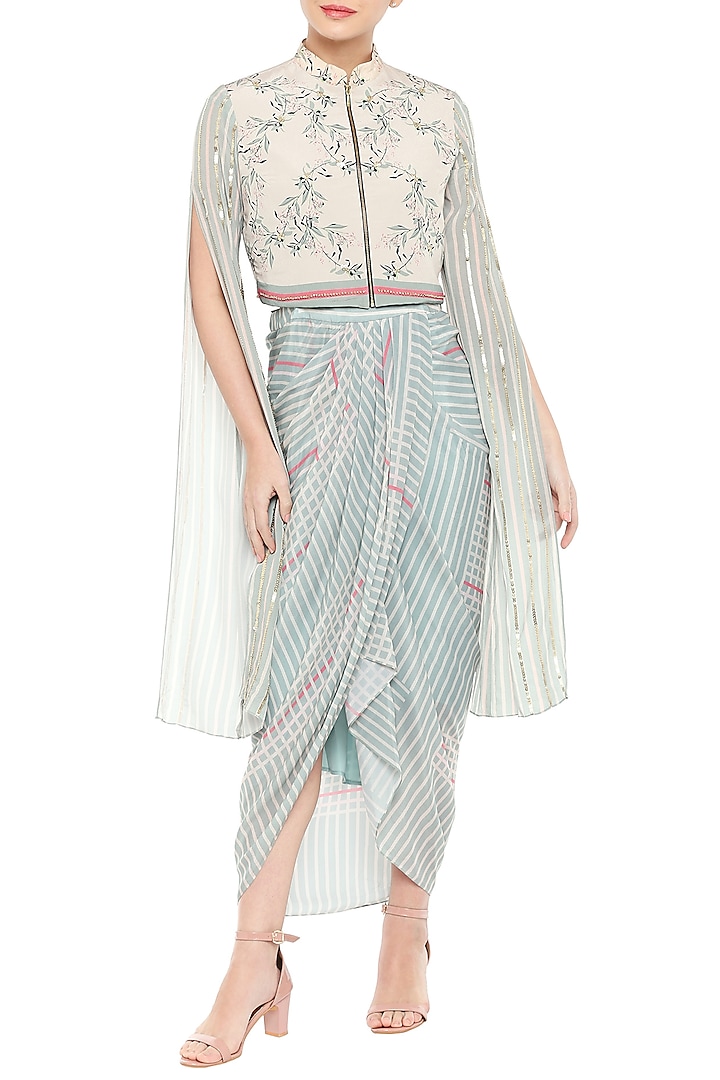 Beige Embroidered & Printed Short Jacket With Blue Drape Dress by Soup by Sougat Paul