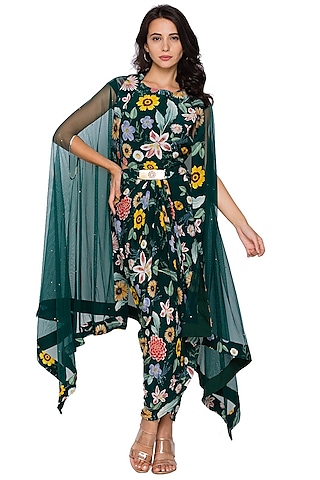 Bottle Green Draped Dress With Cape by Soup by Sougat Paul