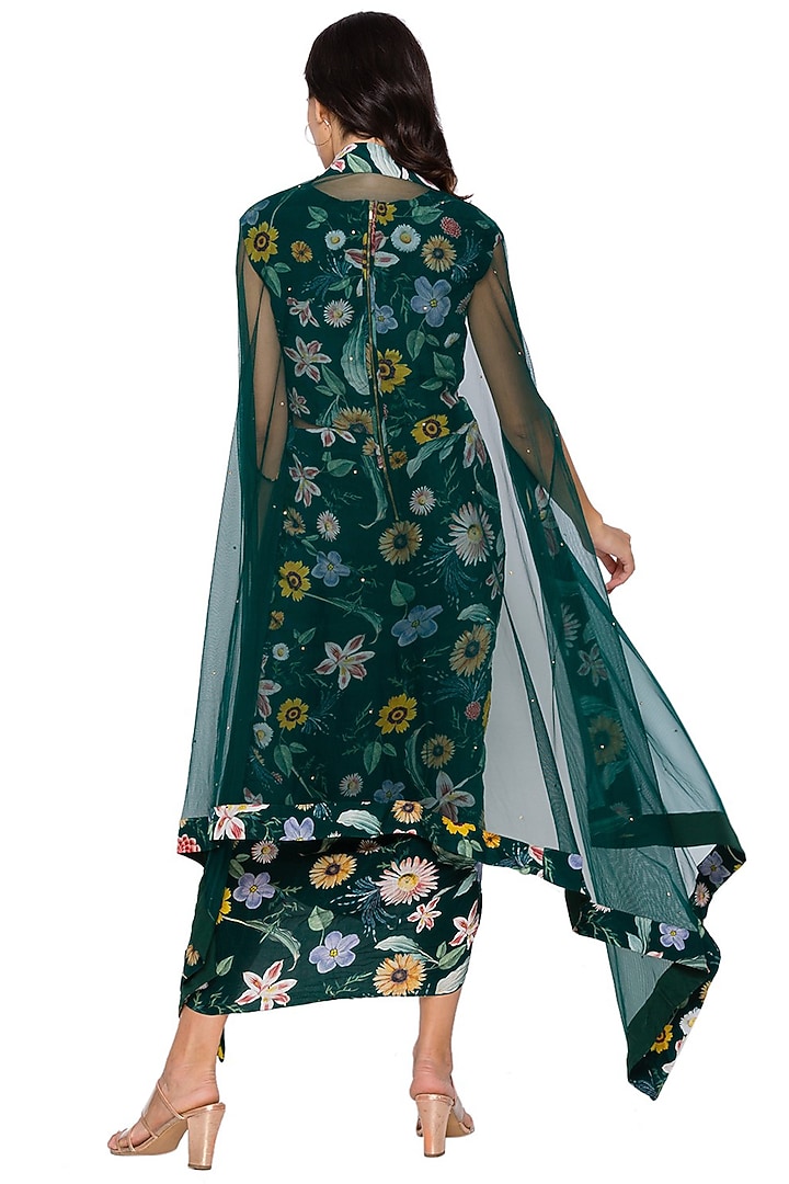 Bottle Green Draped Vacation Dress With Cape by Soup by Sougat Paul at Pernia's Pop Up Shop