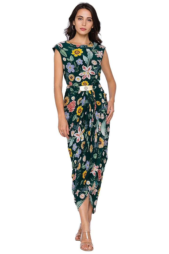 Bottle Green Draped Vacation Dress With Cape by Soup by Sougat Paul at Pernia's Pop Up Shop