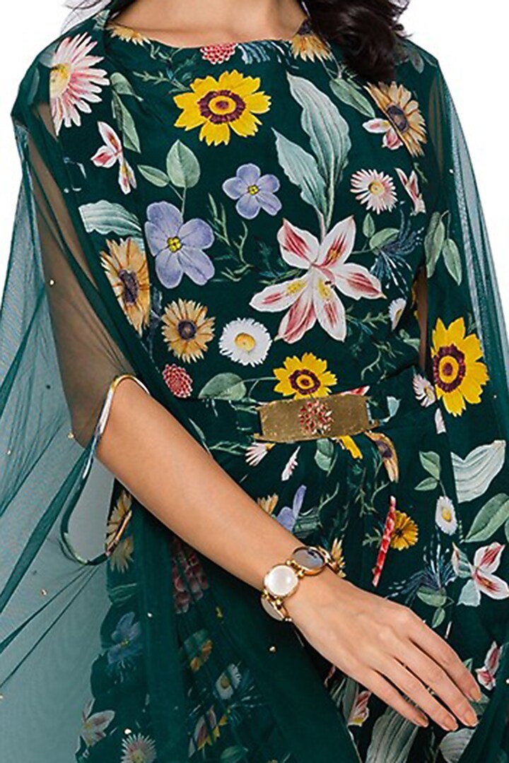 Bottle Green Draped Vacation Dress With Cape by Soup by Sougat Paul at Pernia's Pop Up Shop