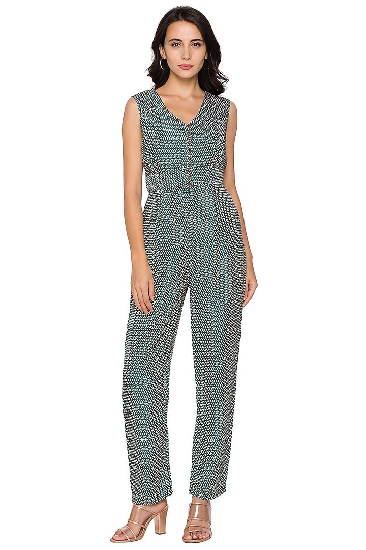 Green Printed Jumpsuit With Cape by Soup by Sougat Paul at Pernia's Pop Up Shop