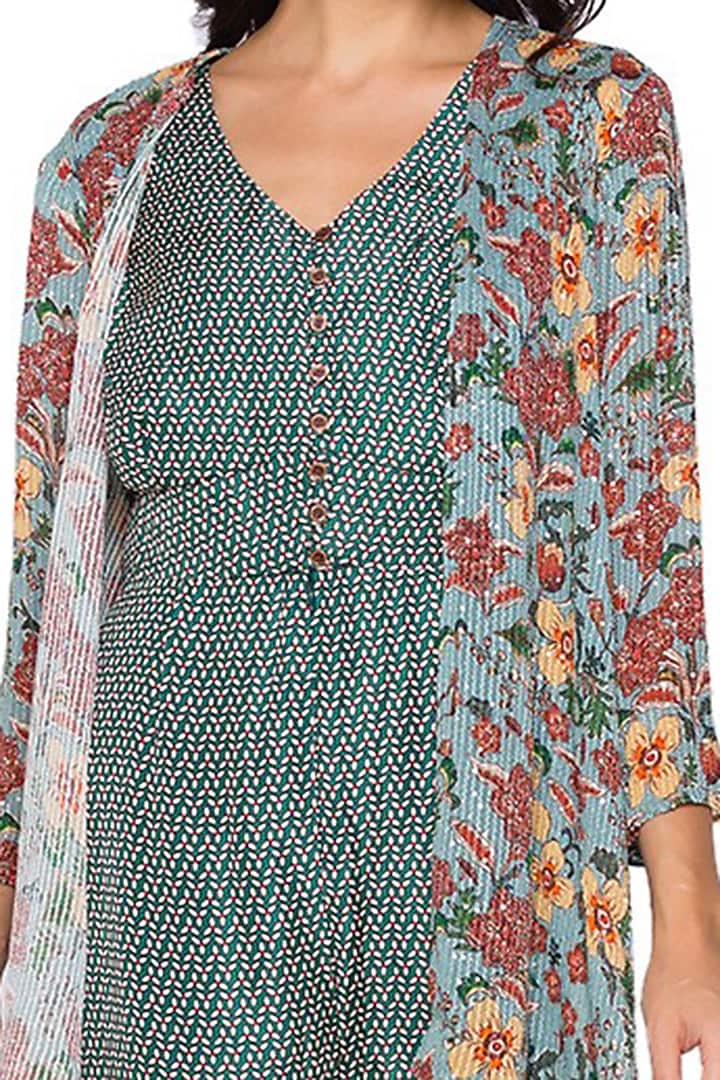 Green Printed Jumpsuit With Cape by Soup by Sougat Paul at Pernia's Pop Up Shop