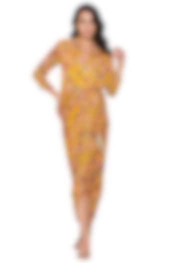 Yellow Printed Overlay Draped Dress by Soup by Sougat Paul