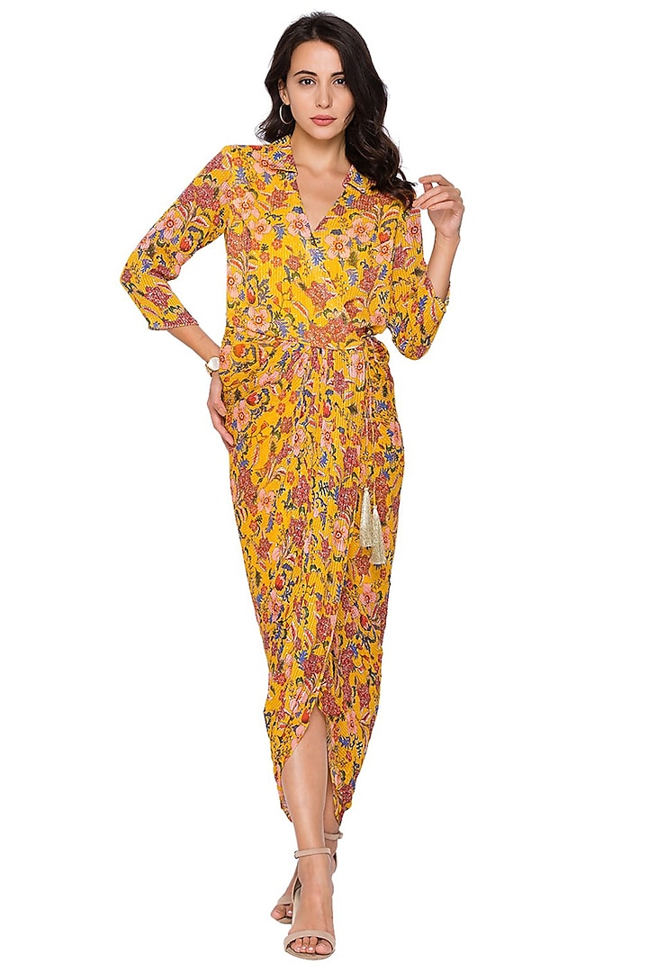Yellow Printed Overlay Draped Dress by Soup by Sougat Paul