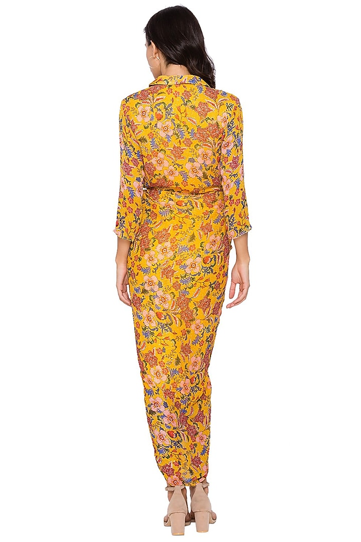 Yellow Printed Overlay Draped Summer Dress by Soup by Sougat Paul at Pernia's Pop Up Shop