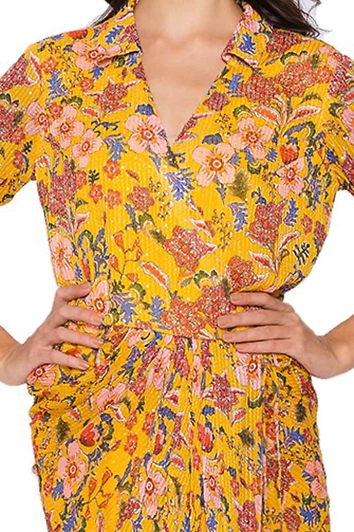 Yellow Printed Overlay Draped Summer Dress by Soup by Sougat Paul at Pernia's Pop Up Shop